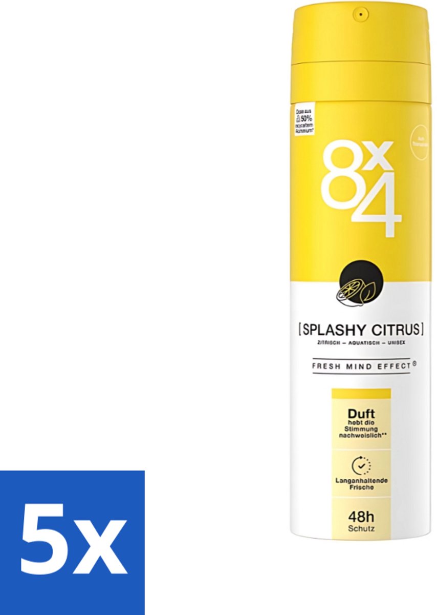 5 x 8 x 4 Deospray - Splashy Citrus - Deodorant - Citrusgeur - 150 ml - Citrus Deodorant - Energiegeur - Frisse Geur - Zweetbescherming - Huidverzorging