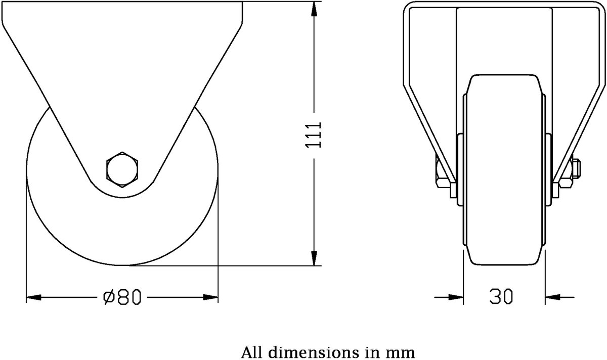 Vast zwenkwiel van 80 mm met zwart rubber op een hartwiel van geperst staal