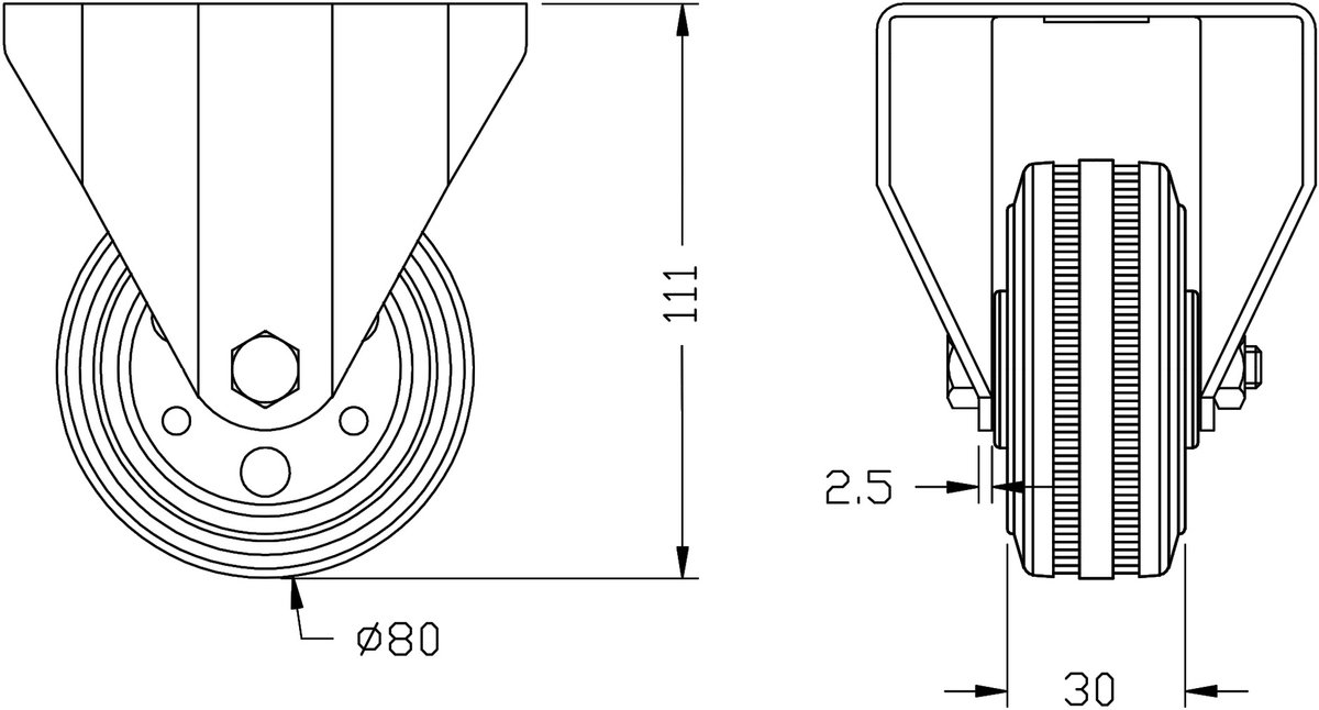 80 mm (3") zwarte rubberen vaste zwenkwielen met bovenplaat, draagvermogen 70 kg – set van 2