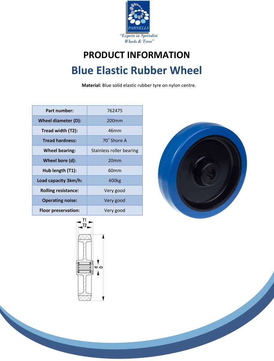 Wiel van 200 mm met blauw elastisch rubber op een nylon kern