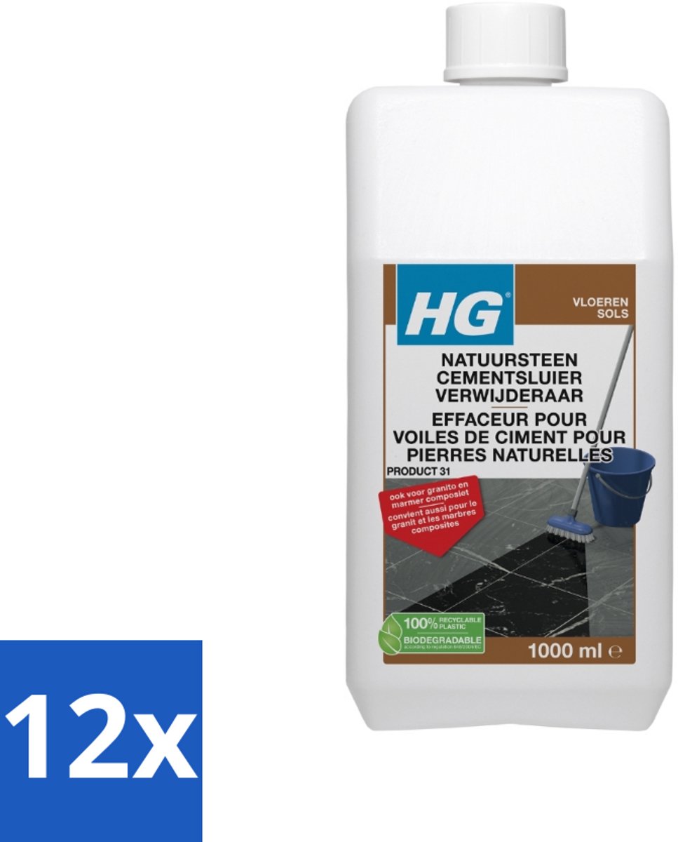 12 x HG Natuursteen Cement & Kalksluier Verwijderaar 1 liter - Natuursteen Reiniging - Cementvlekken Verwijderen - Kalksluier Verwijderen - Marmer Schoonmaken - Travertin Schoonmaken
