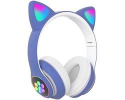 longziming Draadloze Kinder Koptelefoon – Cat Headphones met LED Oortjes – Bluetooth Hoofdtelefoon– Bluetooth 5.0 – Licht Groen – Met Verlichting – Opvouwbare opbergruimte – Blauw en wit