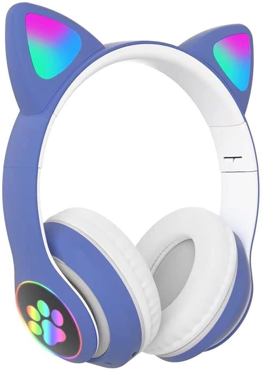 longziming Draadloze Kinder Koptelefoon – Cat Headphones met LED Oortjes – Bluetooth Hoofdtelefoon– Bluetooth 5.0 – Licht Groen – Met Verlichting – Opvouwbare opbergruimte – Blauw en wit