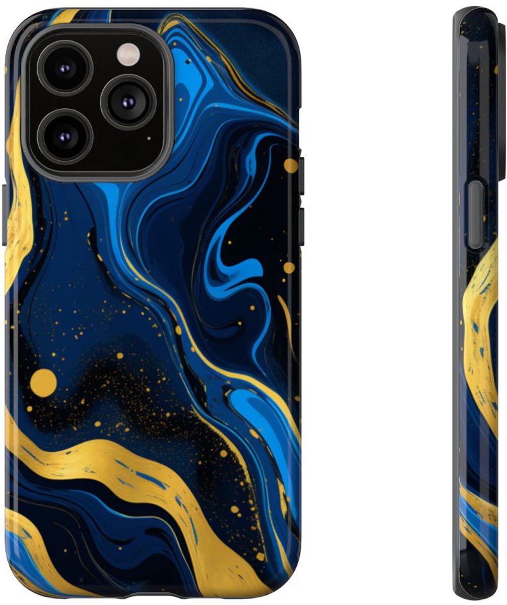 Neonblauw en Goud Marmer Abstract – Telefoonhoesje Geschikt voor iPhone 14 Pro Max