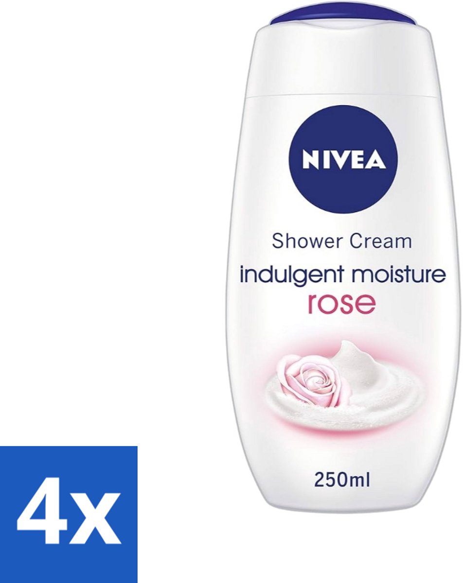 4 x Nivea - Shower Indulgent Moisture Rose Douchecrème - 250 ml - Douchecrème - Amandelmelk - Hydraterende Douchecrème - Zachte Huid - Rozengeur