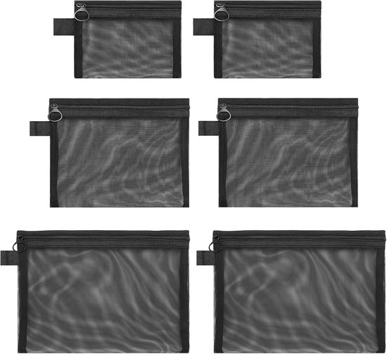Lot de 6 pochettes zippées en maille filet pour cosmétiques en nylon et maille filet. Trousse de voyage portable pour crayons, rouges à lèvres, maquillage. Pour les voyages et le quotidien (3 tailles, noir).