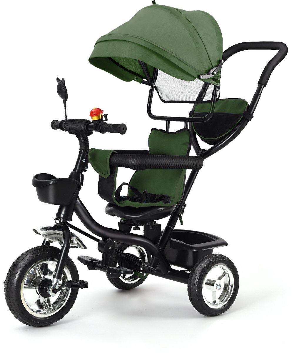 PIPIPOXER -Kinderdriewieler Driewieler met duwstang-360° draaibare zit-Met zonnescherm- Groen