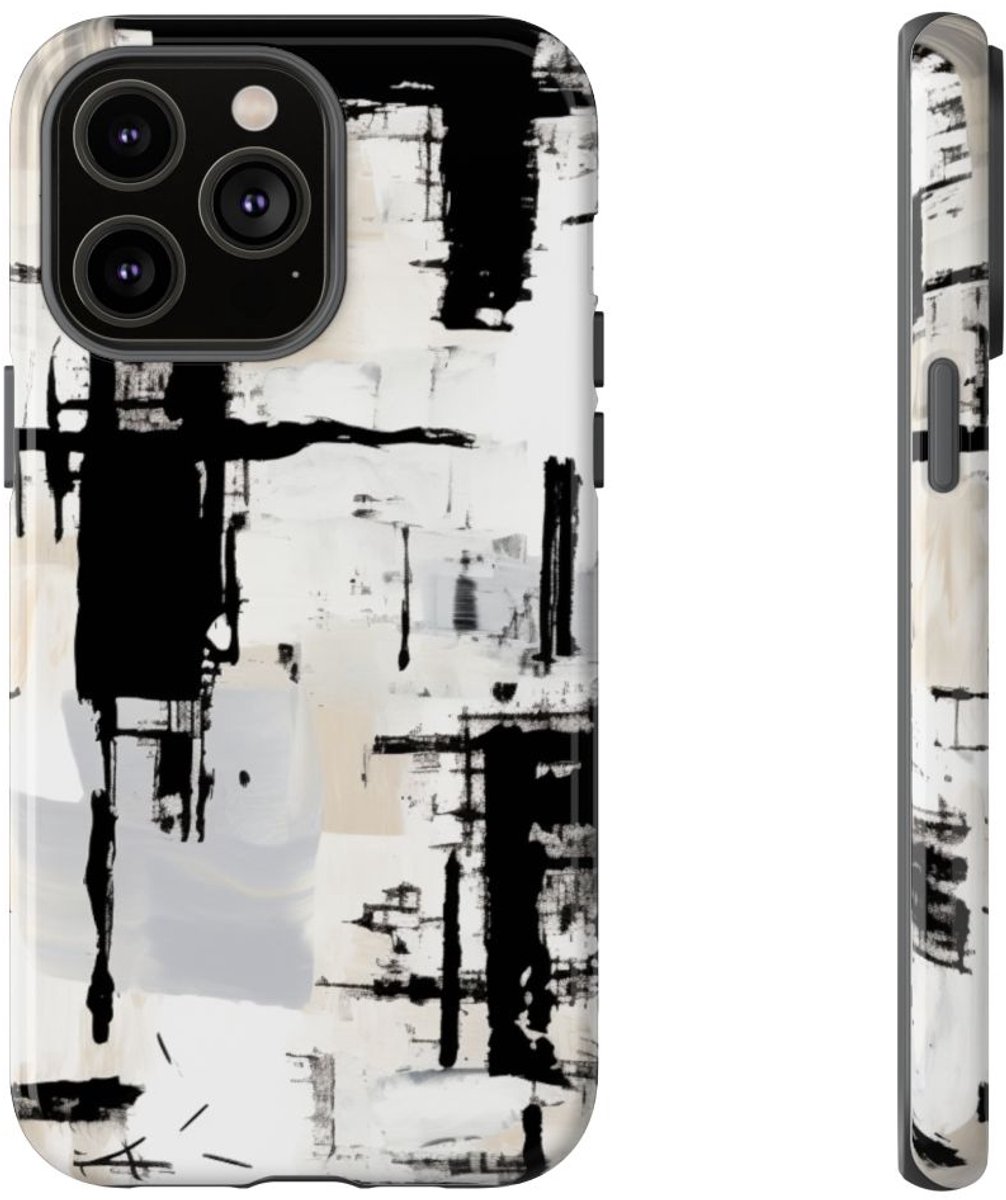 Monochrome Abstracte Penseelstreken – Telefoonhoesje Geschikt voor iPhone 14 Pro Max