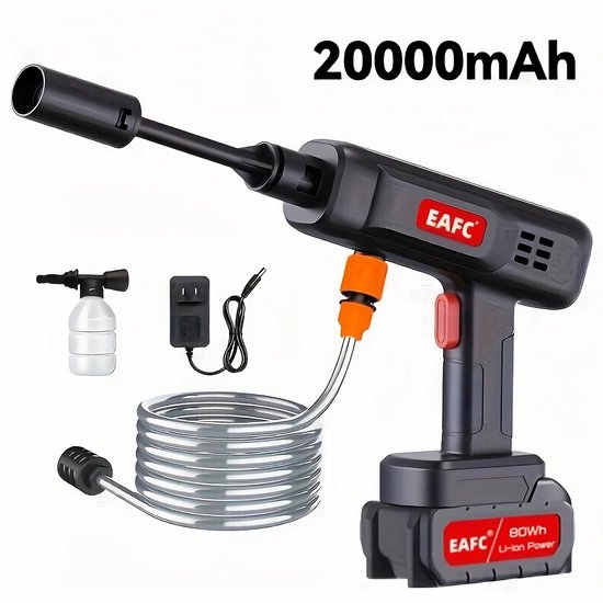 Draadloze hogedrukreiniger 60 bar 21V accu 6-in-1 spuitkop auto terras tuin reinigen EAFC zwart
