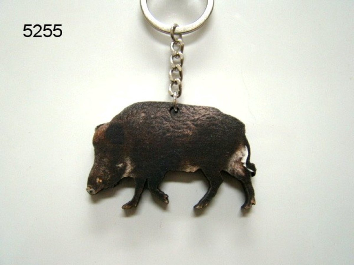 Geharo Houten Sleutelhanger wild zwijn - 4 x 6 cm - met afbeelding
