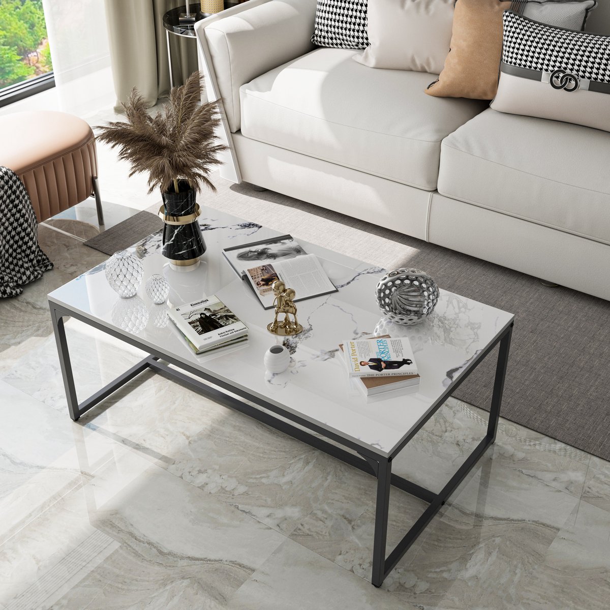 FATIVO Salontafel Rechthoekige - Koffietafel - Bijzettafel Marmer - Wit & zwart - metalen frame - 100x60x40cm - ideaal voor woonkamer, Slaapkamer, kantoor, kantoor buitentuin