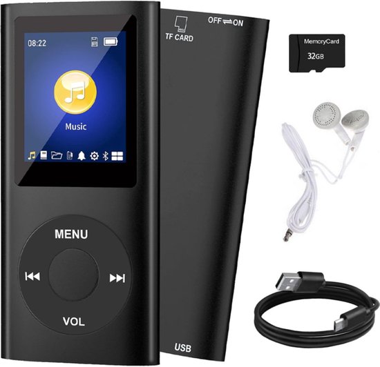 MP3 Speler met Bluetooth - Incl. 32GB SD Kaart - Digitaal 1,8-inch LCD-scherm - USB - FM-radio - Spraakrecorder - E-book - Dicatafoon - Ideaal voor Sport, Kinderen en Volwassenen - Zwart