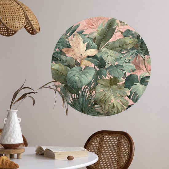 WallCircle® - Papier peint cercle 50x50 cm - Stickers muraux Composition de feuilles - Vert - Rose - Cercle mural salon - Cercle mural chambre - Décoration de chambre autocollante - Accessoires de Décoration murale