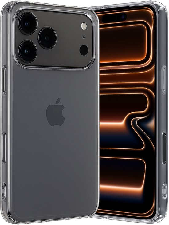 Étui transparent pour iPhone Apple avec un écran orange lumineux en arrière-plan.