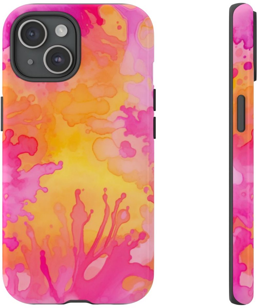 Roze en Oranje Abstracte Inktspatten – Telefoonhoesje Geschikt voor iPhone 15