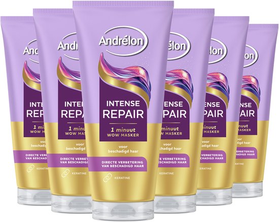 Andrélon 1 Minuut WOW Haarmasker - Intense Repair - verrijkt met gehydrolyseerde keratine - 6 x 180 ml