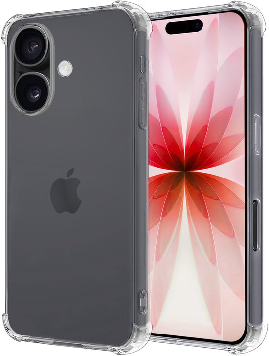 Coque transparente en silicone autour d'un iPhone gris, avec coins renforcés.