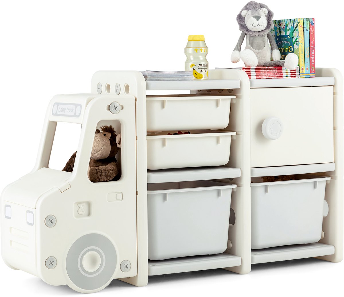 COSTWAY Speelgoedrek, 2 niveaus, kinderrek met kast en opbergdozen, boekenplank voor kinderen, kinderkamerplank voor speelgoed, 110 x 32 x 66 cm (auto, beige)