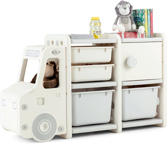 Étagère à jouets COSTWAY, 2 niveaux, étagère pour enfants avec placard et boîtes de rangement, bibliothèque pour enfants, étagère pour speelgoed de chambre d'enfants, 110 x 32 x 66 cm (voiture, beige)