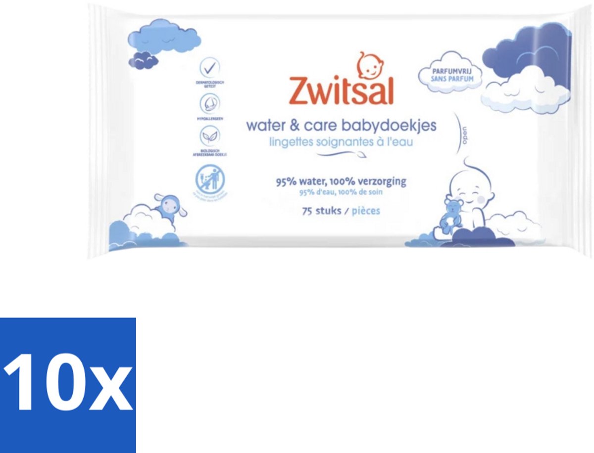 Image of 10 x Zwitsal 0% Parfum - Babyverzorging - Babydoekjes Water & Care - 75 Doekjes - Hypoallergeen - Biologisch Afbreekbaar - Plasticvrij