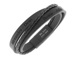 Mbrace Heren Armband Leer Zwart met Gratis Gravering – Gepersonaliseerd met Namen of Tekst – Polsomvang 17 cm - Maat S – Lengte 19 cm -