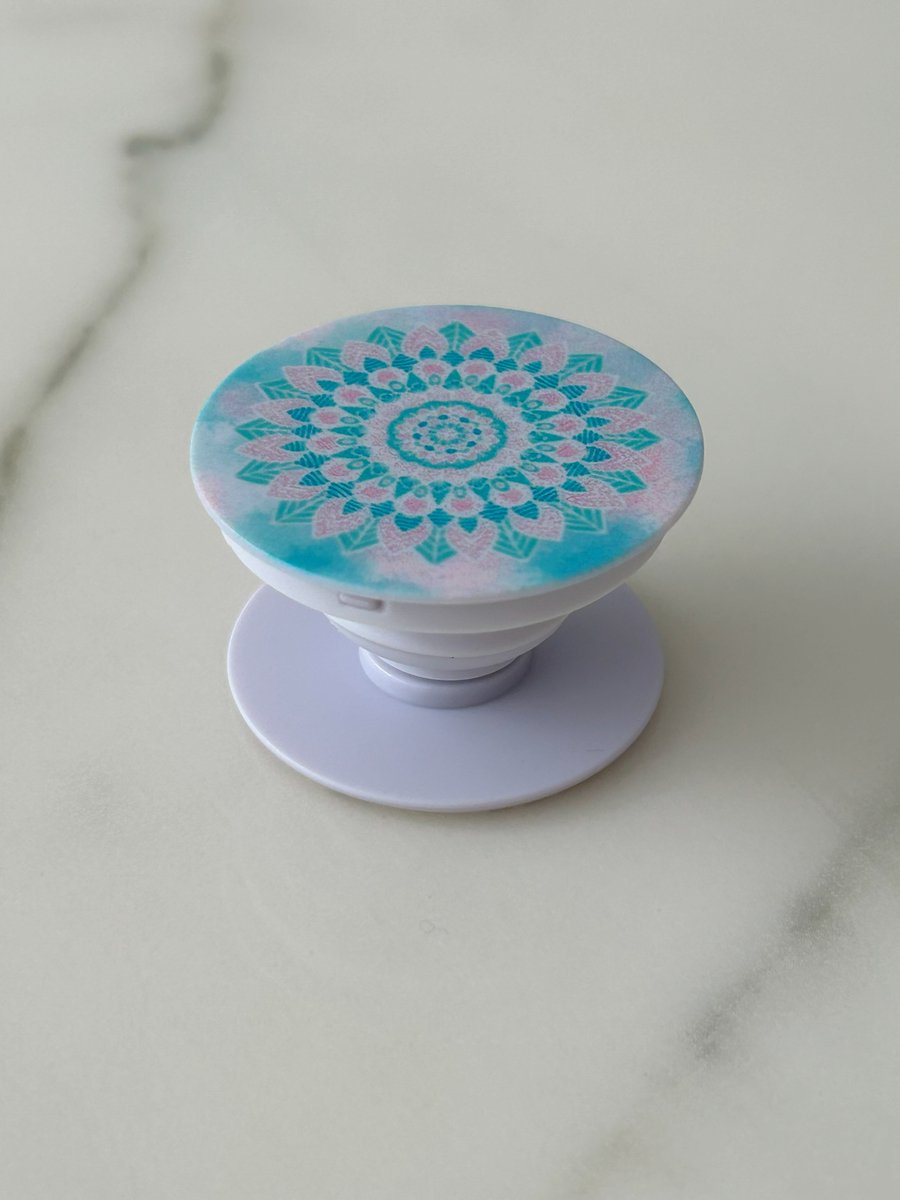 Telefoon Grip & Stand – Universele Smartphone Houder – Opvouwbaar & 360° Draaibaar – Past op Elke Telefoon of Hoesje - Mandala motief - Turquoise/Lichtroze