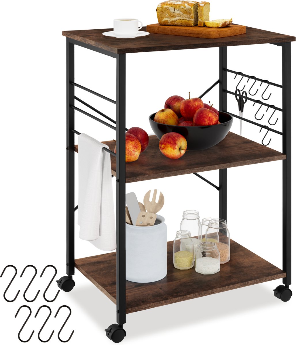 tectake® Serveerwagen met 3 Houten Planken - Keukenplank met Wielen - 65,5 x 45,5 x 88,5 cm - Keukenwagen met 6 Haken in Industrieel Design - Zwart Metalen Frame (Donkerbruin)