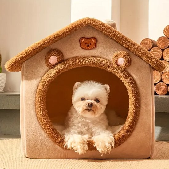 Maisonnette pour chien beige clair avec application ours en peluche, ouverture ronde et oreilles, avec chien.