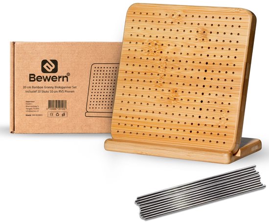 Bewern Granny Blokspanner Set - 20x20 cm - Bamboe - Granny Squares Haken, Inclusief 10 Stuks 10 cm RVS Pinnen, Blokspanners voor Haakwerk