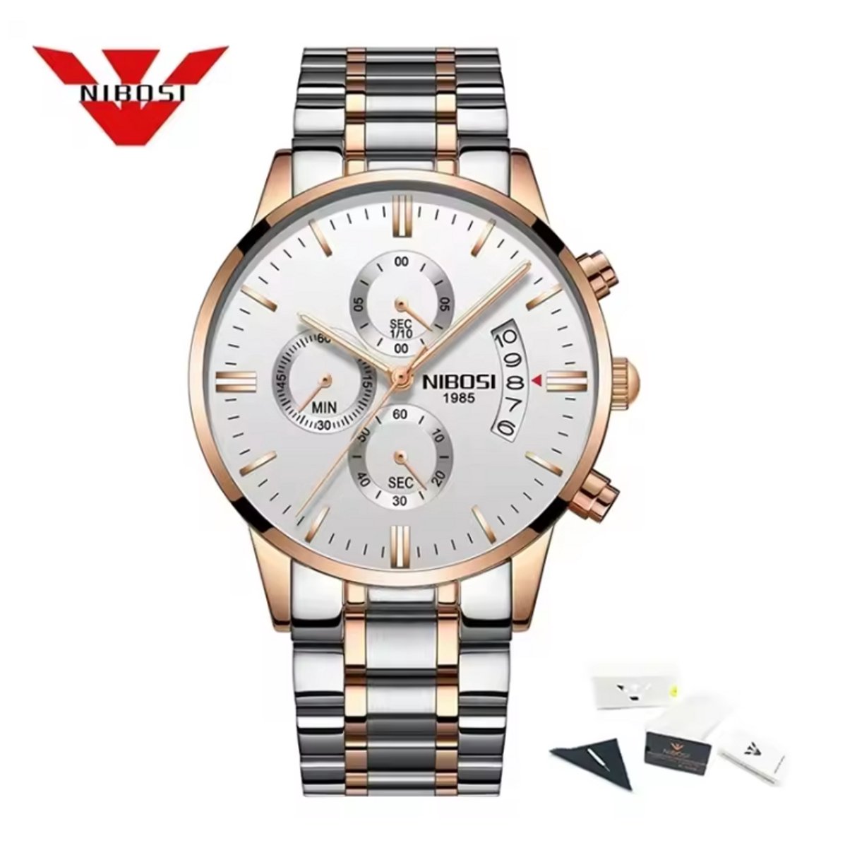 NIBOSI Horloge 2309 - Zilverkleurig-Bronskleurig - Heren - Quartz - Chronograaf - Stalen Band - Luxe en Uniek - H1171