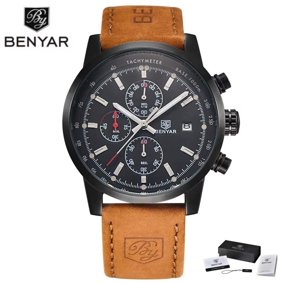BENYAR Horloge BY-5102 - Lichtbruin-Zwart - Heren - Quartz - Chronograaf - Lederen Band - Luxe - Stijlvol