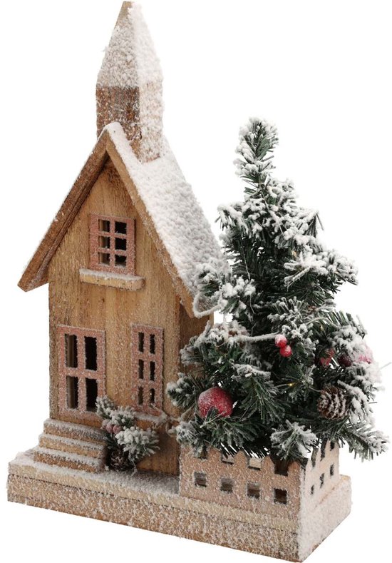 Verlicht Kersthuis –H 44 cm – Houten Kerstdecoratie – 20x Warm Witte LED – Batterij