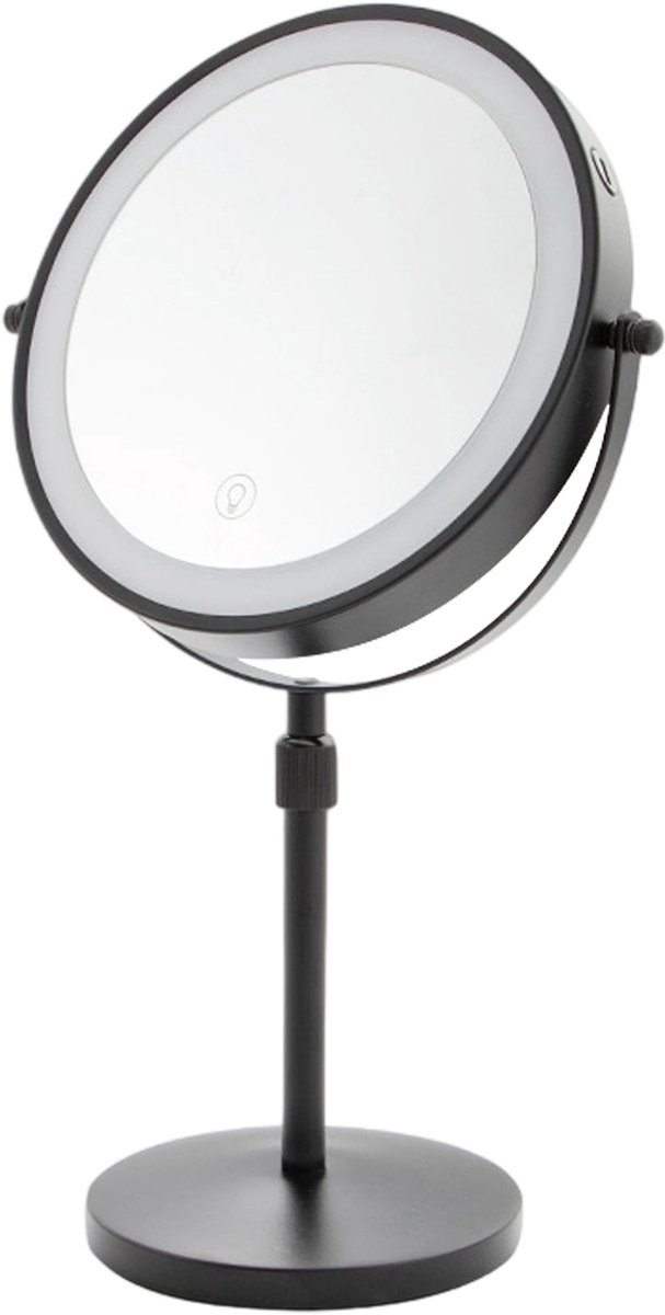 Ynkkvre - 8 Inch Cosmetische Spiegel met Licht - 1X/10X Vergrotend - Op Standaard - Verstelbare Hoogte en Helderheid - 360° Draaibaar - Oplaadbare Dubbelzijdige Make-up Spiegel - Zwart