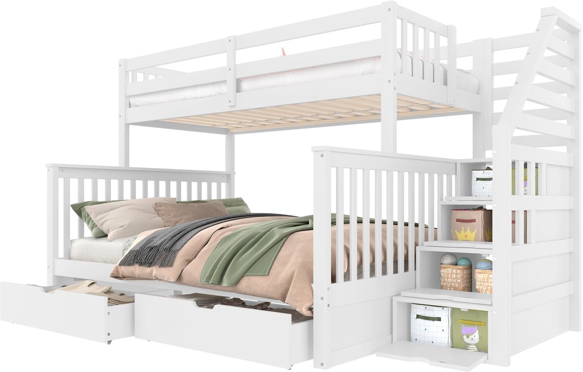 Merax Etagenbed 90x200 cm + 140x200 cm met Lades en Opbergruimte - Multifunctioneel en Veilig Kinderbed in Wit