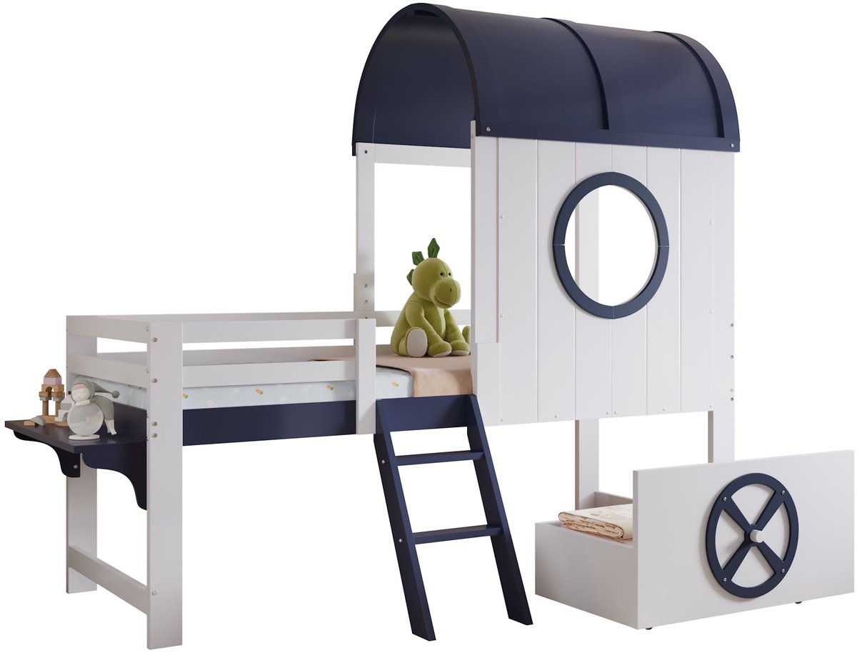 Merax Kinderbed 90×200 cm – Halfhoog Huisbed met Dak en Ramen – Houten Bed met Schuiflade en Schuine Trap – Wit Donkerblauw – Zonder Matras