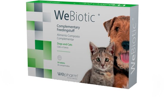 Doos WeBiotic voor honden en katten met 30 tabletten, met afbeeldingen van een hond en een kitten.