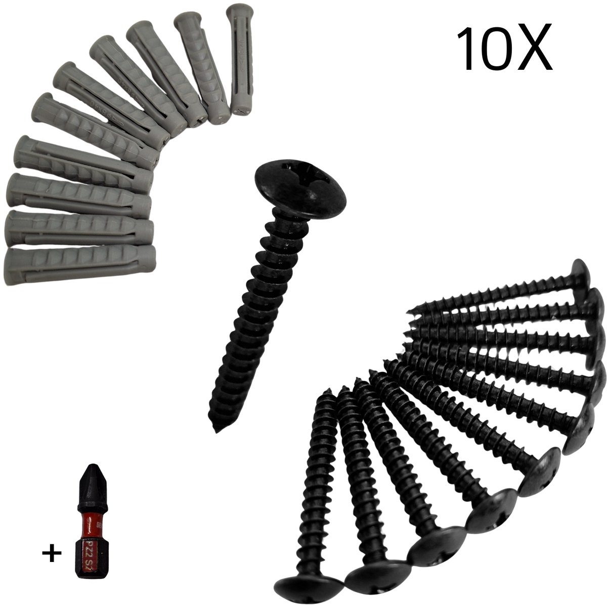 Zwarte Schroeven – M6 x 50 mm – 10 stuks – Inclusief 10 Pluggen 8x40 mm en Bitje – Zelftappende Houtschroeven