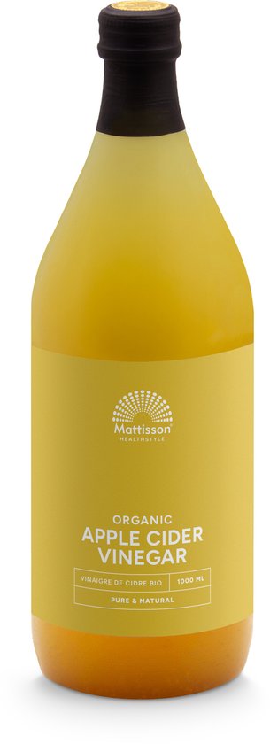Gele fles biologische appelciderazijn van Mattisson met geel label met tekst 'Organic Apple Cider Vinegar'.