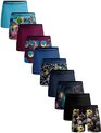 Stapel van tien herenboxershorts in verschillende kleuren en prints, met logo band.