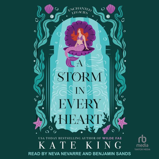 Een storm in elk hart
Boekcover met een zeemeermin op een schelp, omringd door waterplanten, schelpdieren en zeesterren. Titel: A Storm in Every Heart.
