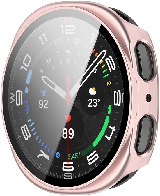 Roze smartwatch hoesje met screenprotector, horloge display zichtbaar