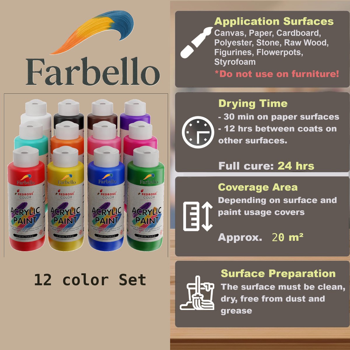 Farbello Acrylverf Set- 12 kleuren*100 ml., Sterk gepigmenteerde, Niet giftige verf op waterbasis, voor canvas, hout, steen, papier en metaal. — afbeelding 2