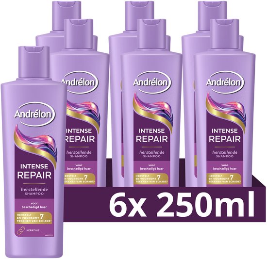 Zes paarse flessen Andrélon Intense Repair shampoo naast elkaar. '6x 250ml'.