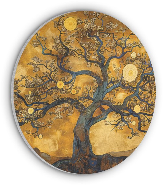 Akoestisch wandpaneel rond 60x60 cm - Vilt schilderij Boom - Levensboom - Abstract - Goud - Ronde akoestische panelen - Geluidsdempende wanddecoratie - Geluidsisolatie wandcirkel - Muurdecoratie geluidspanelen
