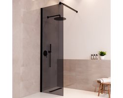 Lomazoo Douchewand Lima - 60x200 Cm - Inloopdouche Zwart - 8 Mm Rookglas - Nano Coating Anti Kalk