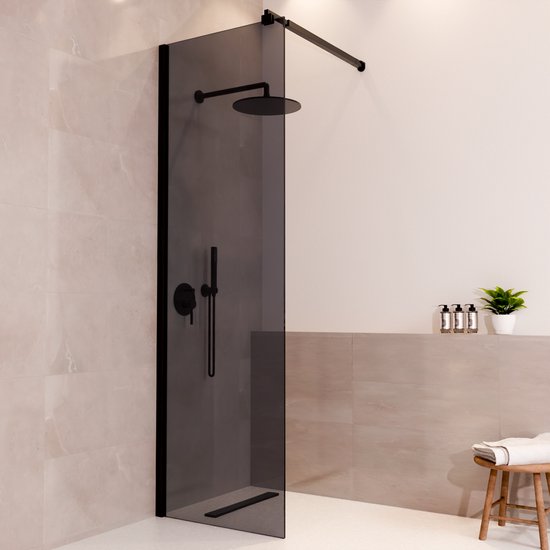Paroi de douche Lomazoo Lima - 60x200 Cm - Douche à l'italienne Zwart - Verre fumé 8 mm - Revêtement Nano anticalcaire