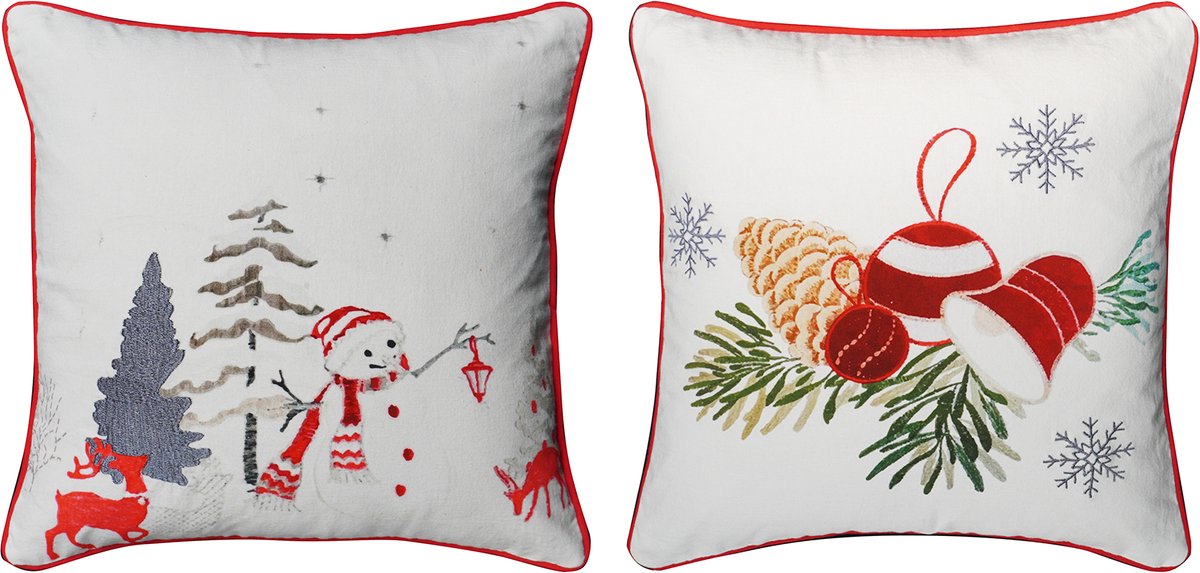 Kerstkussen Set van 2 Kussenhoezen incl. Gratis Kussenvulling - Kerst Kussenhoes - Vierkant Kussenhoesjes - Kerstkussens met Wintertafereel Borduurwerk - 45x45 cm - 100% Katoen - Voor Binnen - Wit & Rood – foto 2