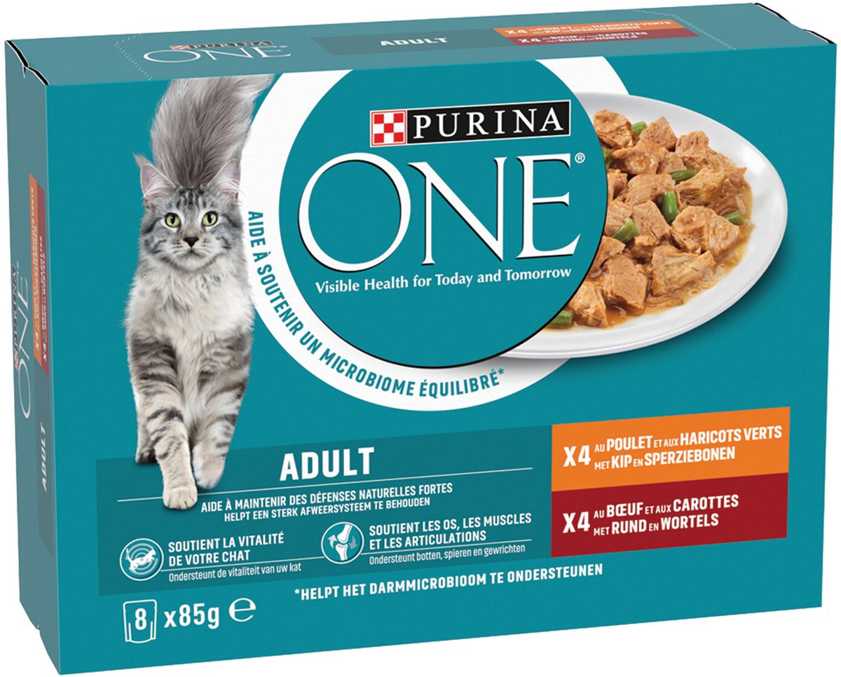 Purina ONE Adult Fijne Malse Reepjes in Saus - Kip/Rund - 16 x 85 g