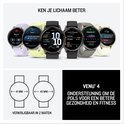 Collage van Garmin smartwatches. Een rij met vier horloges in verschillende kleuren. Twee cirkels tonen afmetingen 41mm en 45mm.