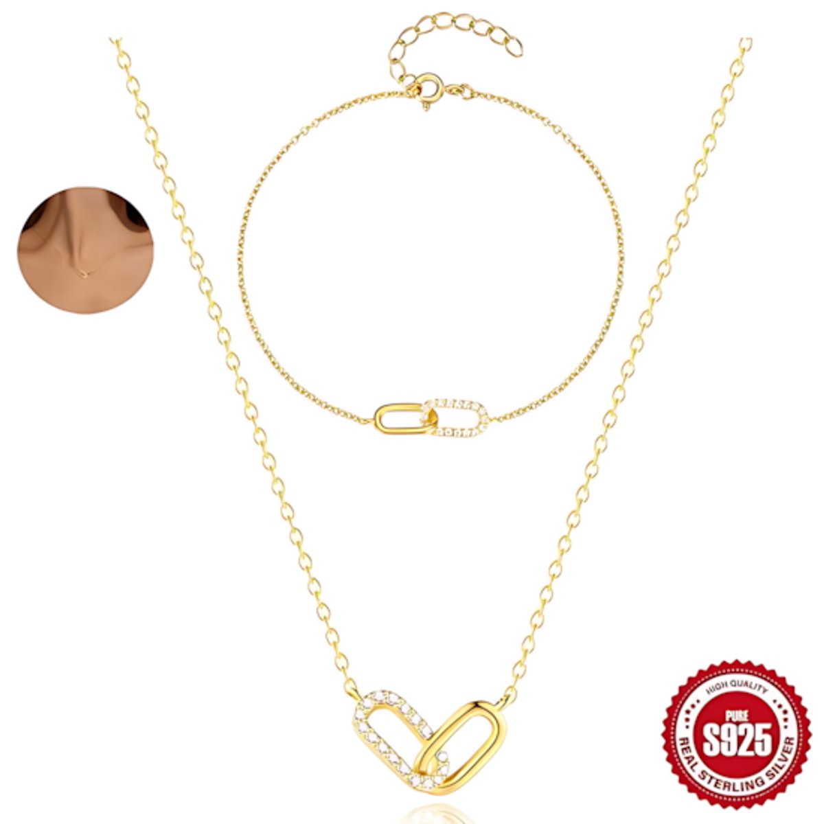 Helin life Ketting en Armband Set -925 zilver sieraden sets dames– Zirkonia – Verstelbaar – Elegante & Tijdloze Sieraden Set – Perfect Cadeau voor Vrouwen-Goud